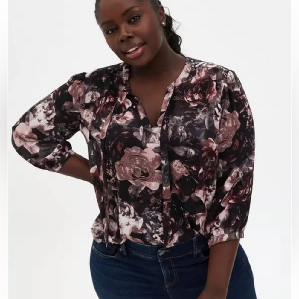 Torrid Georgette Bow Tie Neck Chiffon 3/4 Sleeve Brown Pink Floral Blouse sz 2X